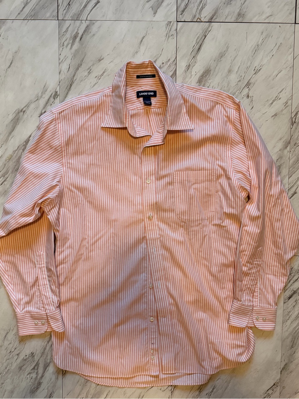Lands' End Men's Pink and White Striped Dress Shirt